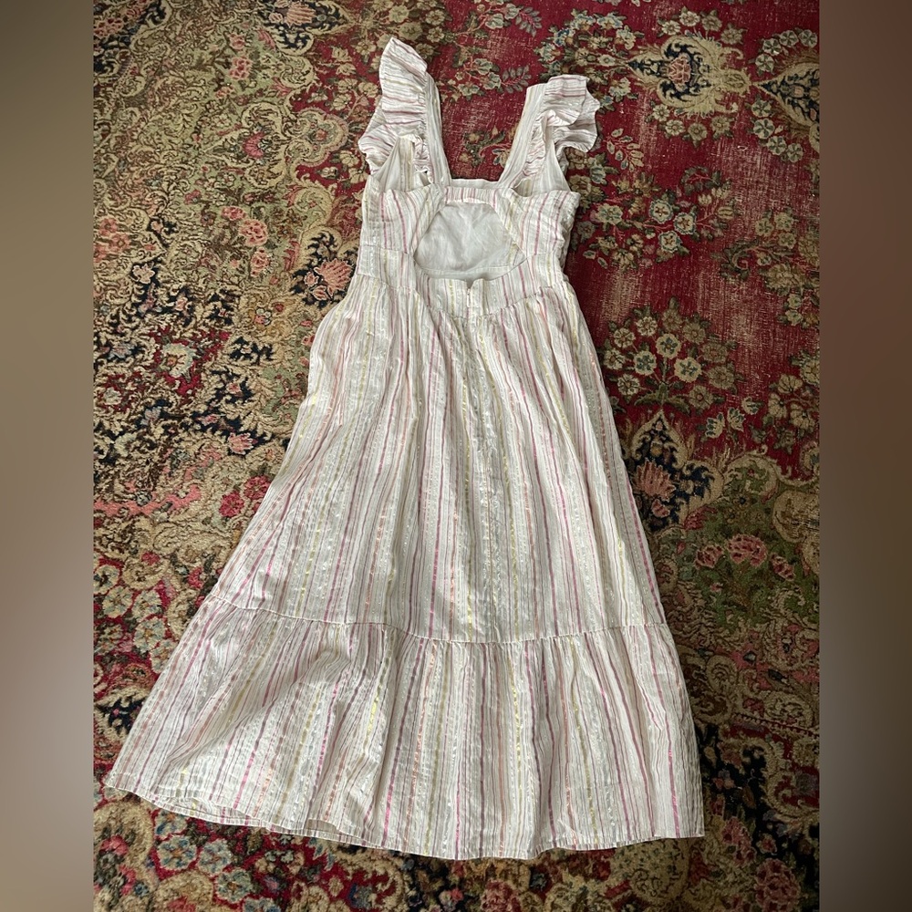 Gently preowned LOFT sundress pinafore lurex stripes ruffle hem 0 - Picture 7 of 10